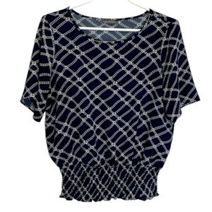 Suzy Shier Navy and White Patterned Top